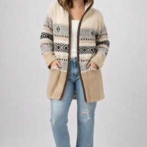 Fate Beige and Black Patterned Hooded Cardigan